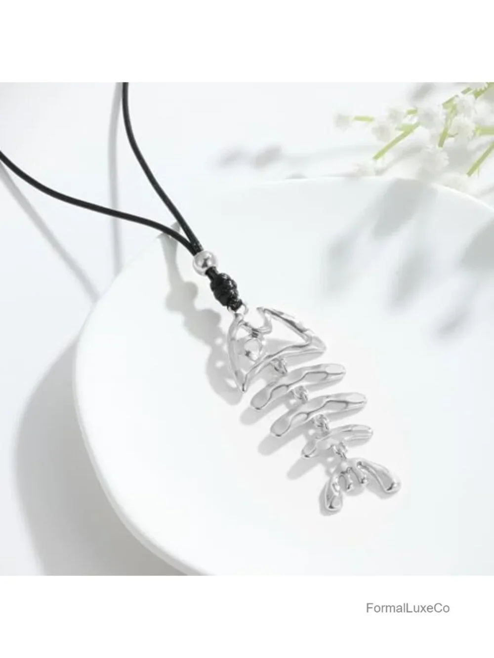 Gold Plated Statement Fish Bone Pendant Necklace Long Wax Cord Chain Women
